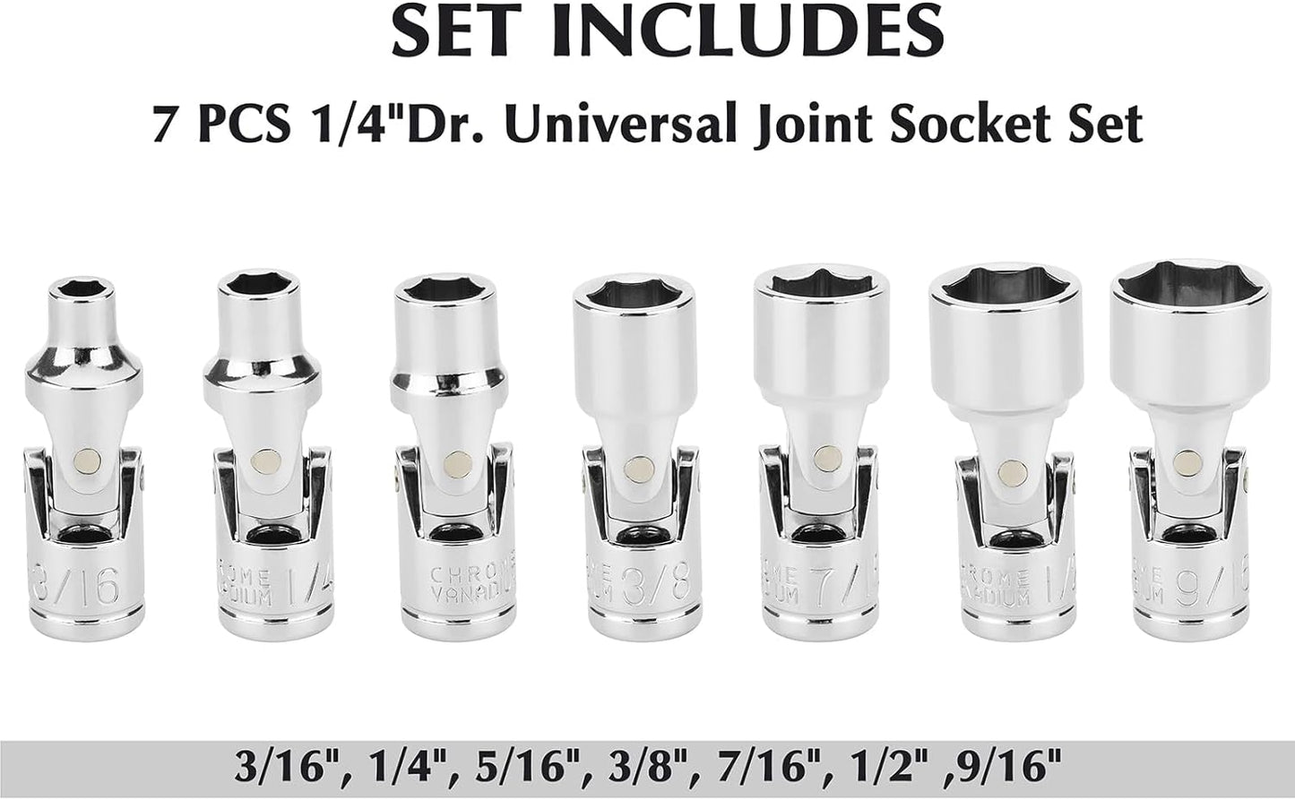 EMENTOL 7PCS 1/4" Drive Universal Joint Socket Set, 6 Point, SAE Universal Flex Socket Set, CR-V, Swivel Head, 3/16 Inch - 9/16 Inch