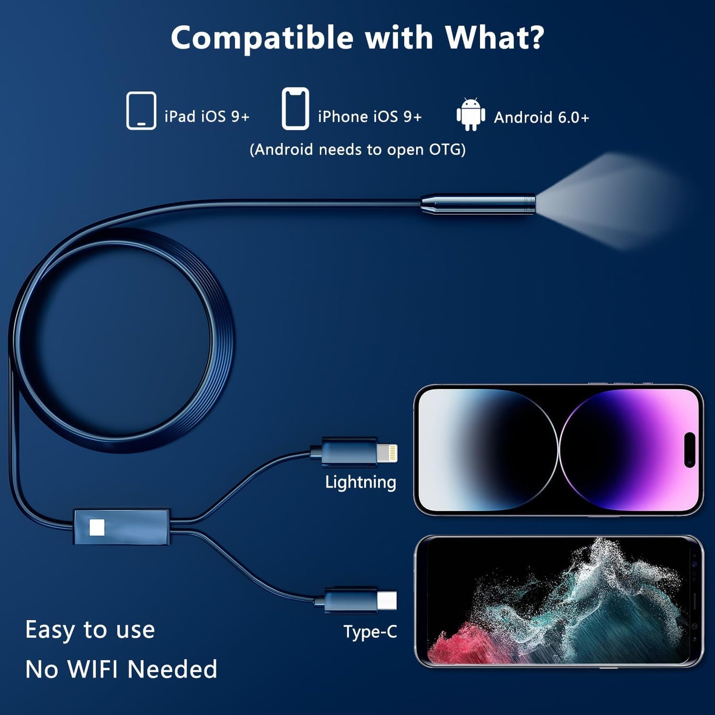 Endoscope Camera With Light, 1920P HD Borescope With 8 Adjustable LED Lights, Endoscope With 16.4ft Semi-Rigid Snake Camera, 79mm IP67 Waterproof