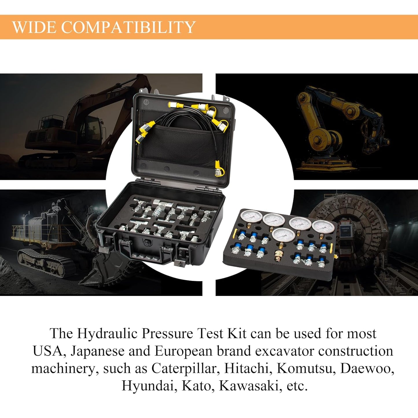 UCYHINMEY Hydraulic Pressure Test Kit, 150/1500/4000/6000/10000 PSI, 5 Guages & 13 Test Couplings & 14 Tee Connectors & 5 Test Hoses, Hydraulic Pressure Guage Kit, for Excavator Construction Machinery