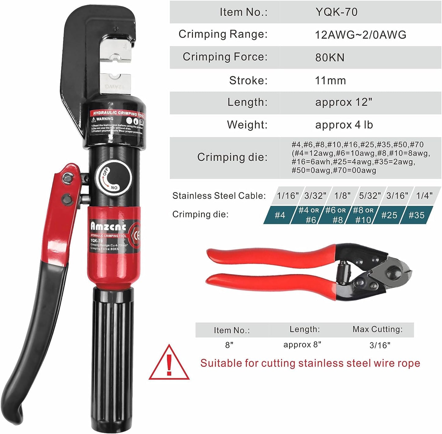 AMZCNC Hydraulic Hand Crimper Tool for Stainless Steel Cable Railing Fittings for 1/16" 1/8" 3/16" 1/4" Cable –Wire Swaging Tool 8 Ton and Stainless Steel Cable Cutter