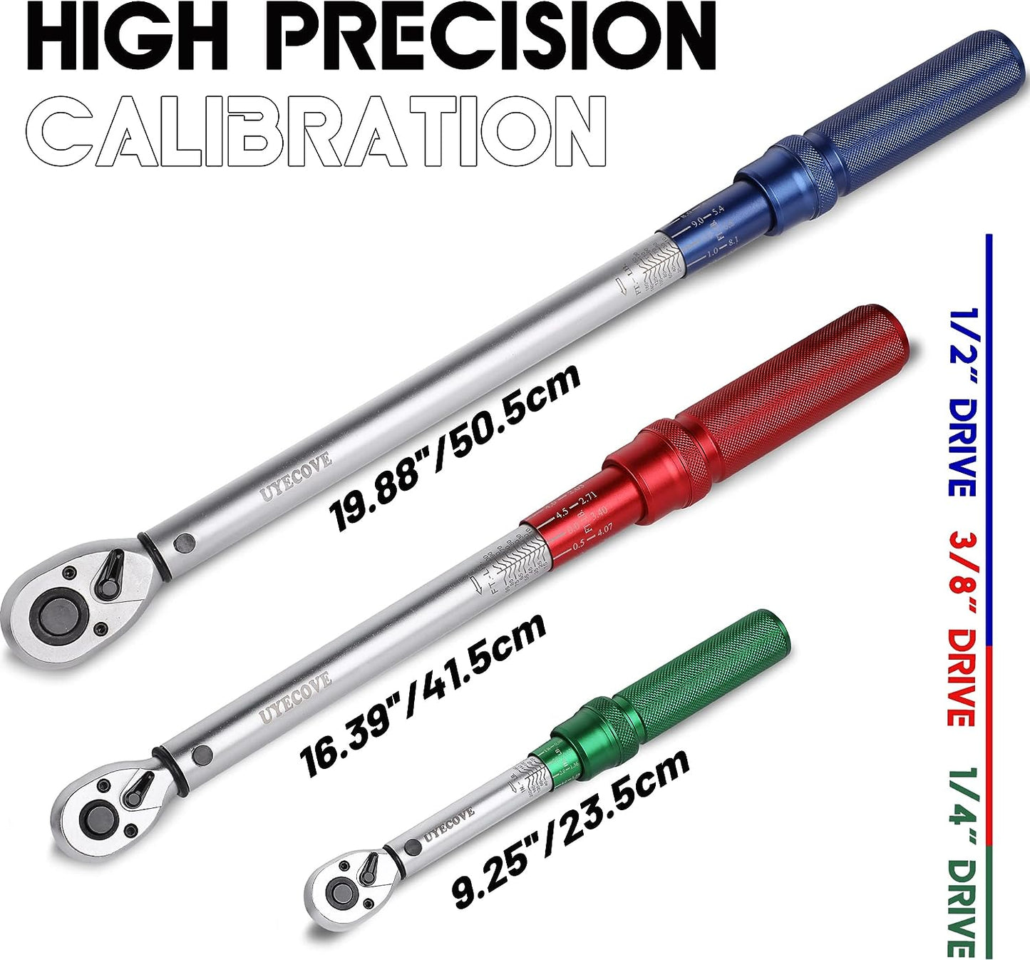 UYECOVE 1/4 3/8 1/2 Drive Torque Wrench, 3Pcs Torque Wrench Set with a XIPE Storage Tray, Dual-Direction Reversible Click, Dual Range Scales Graduated in FT.LB and M.M