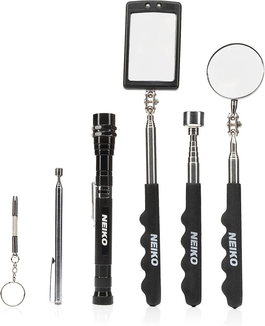 NEIKO 20736A (6) Piece Set, Magnetic Tool & Telescoping Mirror Set, Adjustable Telescoping Magnetic Pickup Tool, Flashlight 15lb Retriever Tool, 360 Swivel, Magnet Mirror, Magnetic Tools for Mechanic