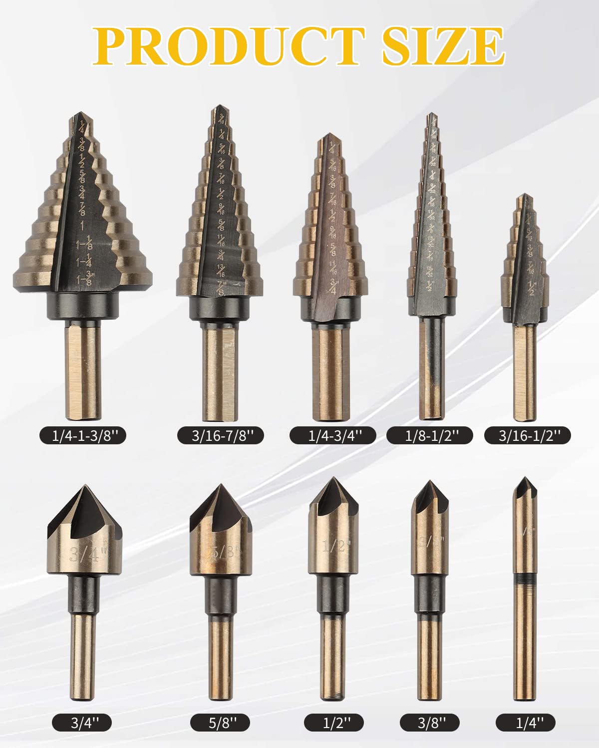 AOKLIT 5 Pcs Countersink Drill Bit & 5 Pcs Step Drill Bit Set,More Than 50 Sizes of Titanium-Plated Step Drill, with Aluminum Box Positioning Package, Suitable for DIY