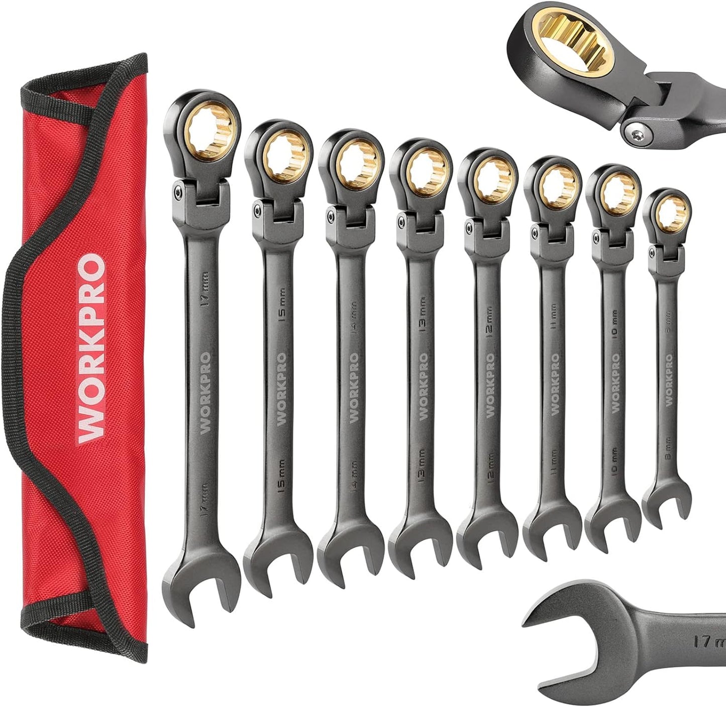 WORKPRO 8-Piece Flex-Head Ratcheting Combination Wrench Set, Metric 9-17 mm, 72-Teeth, Cr-V Constructed, Nickel Plating with Organization Bag