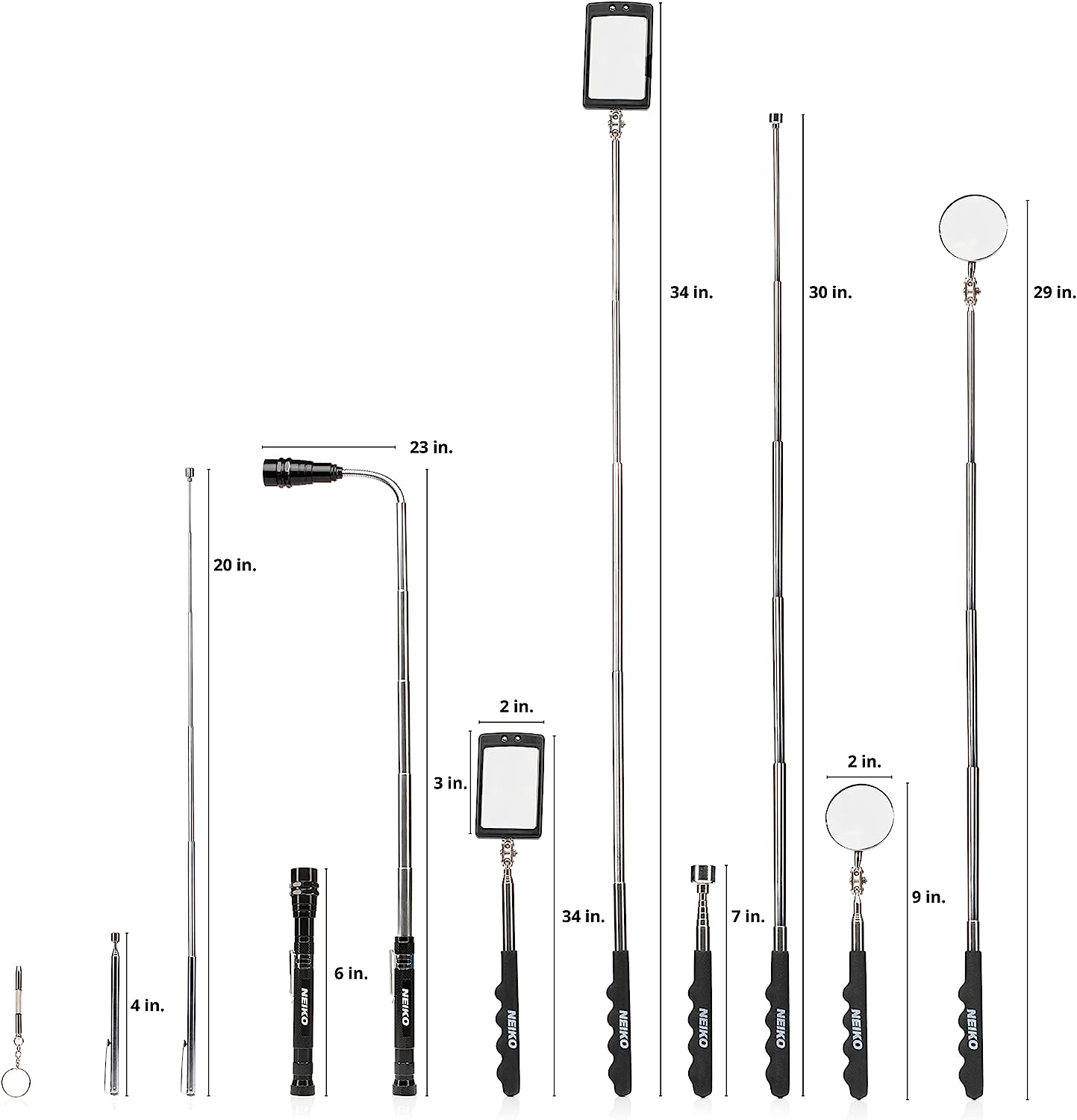 NEIKO 20736A (6) Piece Set, Magnetic Tool & Telescoping Mirror Set, Adjustable Telescoping Magnetic Pickup Tool, Flashlight 15lb Retriever Tool, 360 Swivel, Magnet Mirror, Magnetic Tools for Mechanic