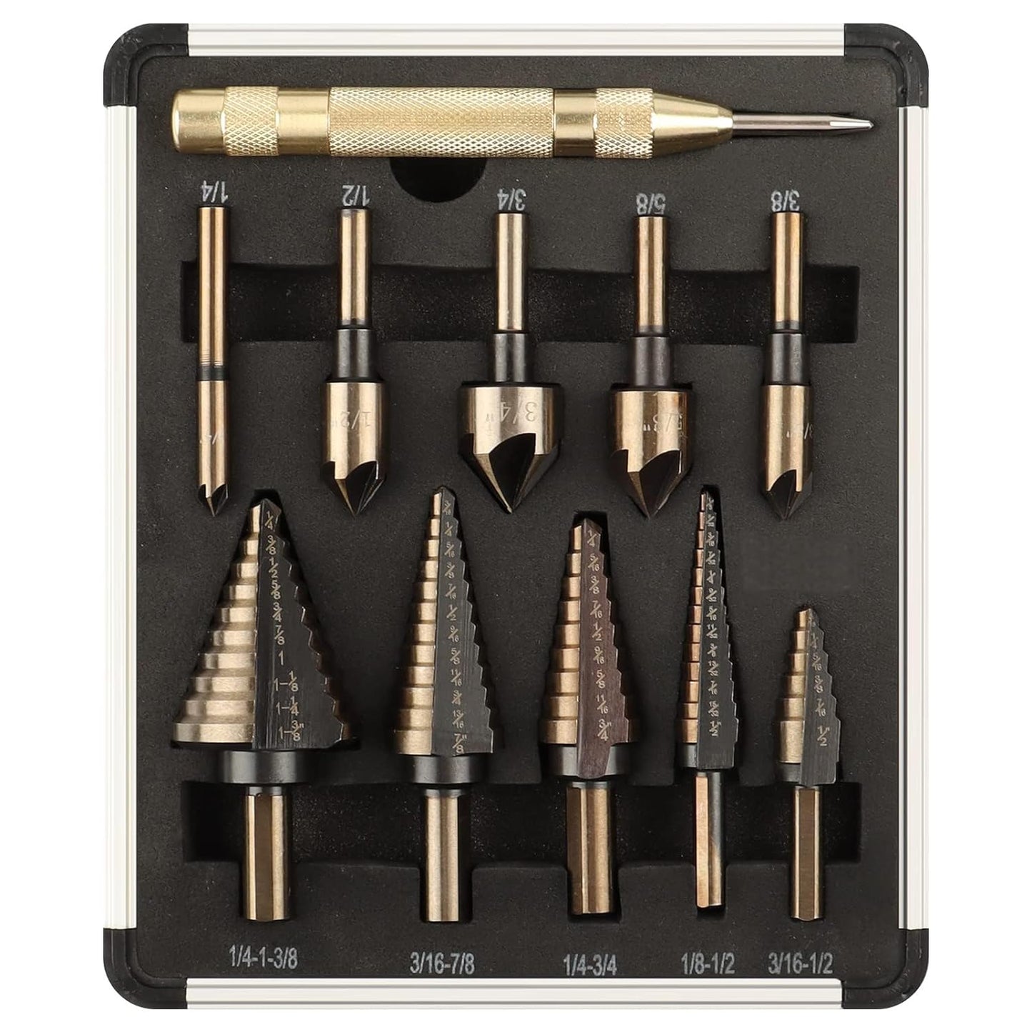 AOKLIT 5 Pcs Countersink Drill Bit & 5 Pcs Step Drill Bit Set,More Than 50 Sizes of Titanium-Plated Step Drill, with Aluminum Box Positioning Package, Suitable for DIY