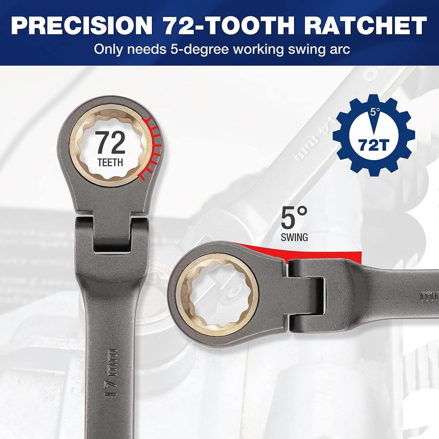 WORKPRO 8-Piece Flex-Head Ratcheting Combination Wrench Set, Metric 9-17 mm, 72-Teeth, Cr-V Constructed, Nickel Plating with Organization Bag