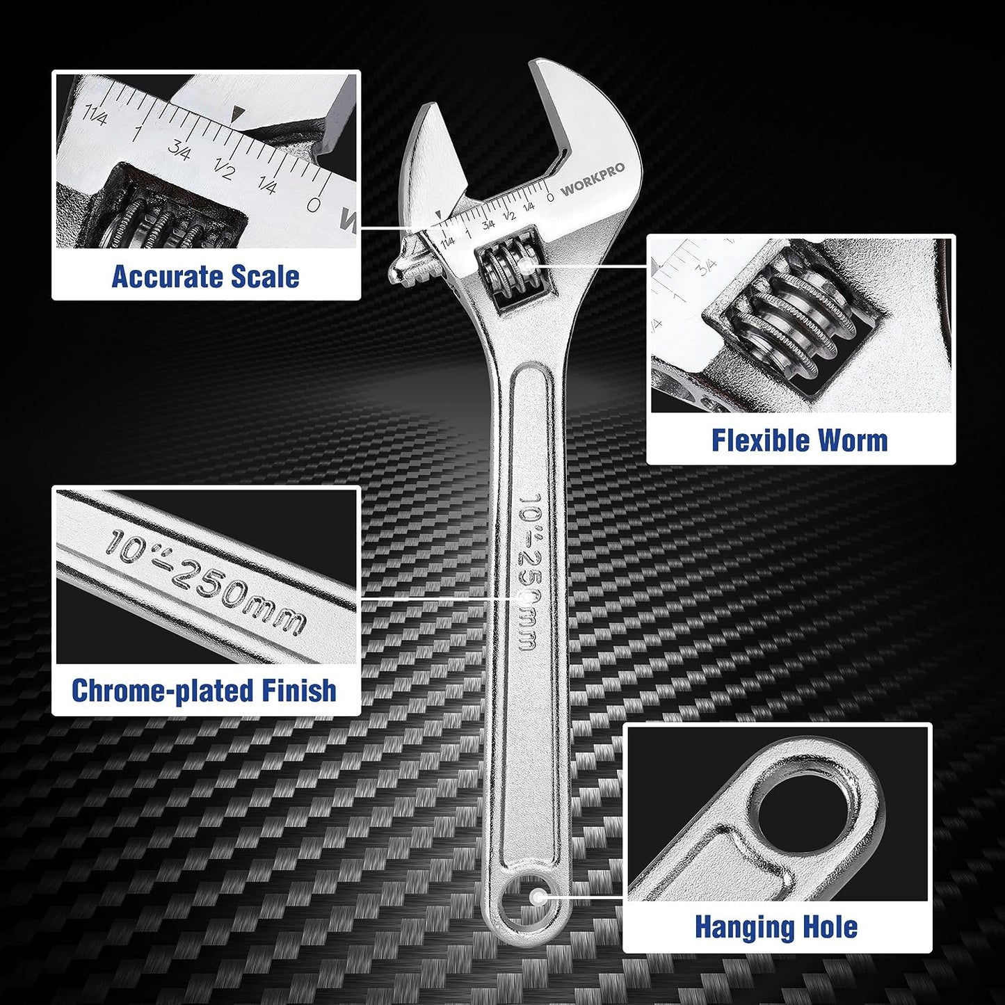 WORKPRO 4-Piece Adjustable Wrench Set, Forged, Heat Treated, Chrome-Plated (6-inch, 8-inch, 10-inch, 12-inch)