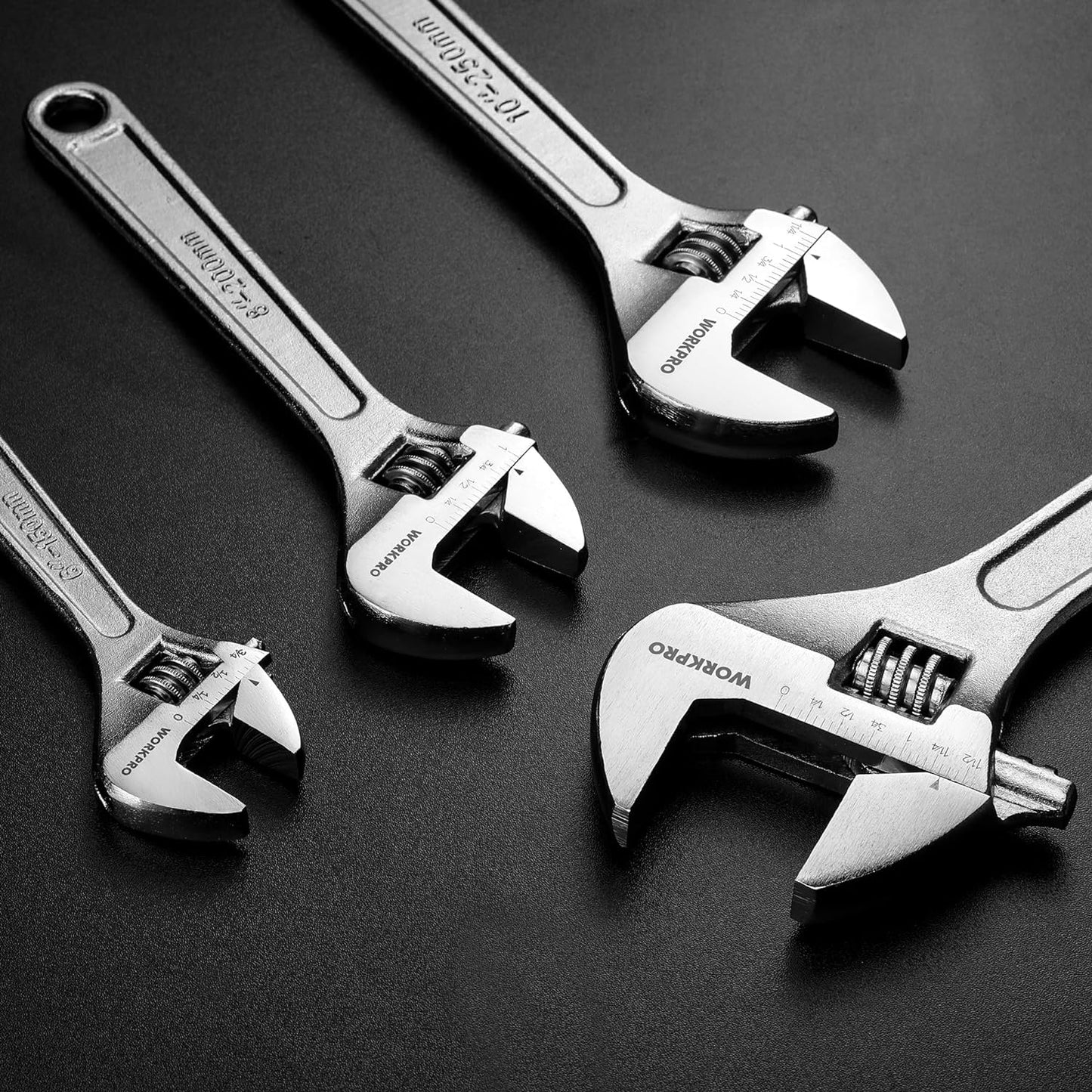 WORKPRO 4-Piece Adjustable Wrench Set, Forged, Heat Treated, Chrome-Plated (6-inch, 8-inch, 10-inch, 12-inch)